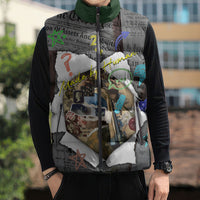 Cat Girl With A Pearl Earring Newspaper Sleeveless Puffer Jacket Made By Human Handmade Mixed Media Pop Art