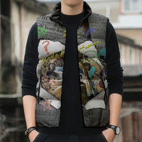Cat Girl With A Pearl Earring Newspaper Sleeveless Puffer Jacket Made By Human Handmade Mixed Media Pop Art
