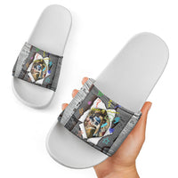 Cat Girl With A Pearl Earring Newspaper Slide Sandals Made By Human Handmade Mixed Media Pop Art