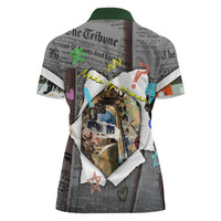 Cat Girl With A Pearl Earring Newspaper Women Polo Shirt Made By Human Handmade Mixed Media Pop Art