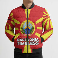 Macedonia Bomber Puffer Jacket with National Emblem and Sunburst Flag Design - Wonder Print Shop