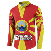 Macedonia Button Sweatshirt with National Emblem and Sunburst Flag Design - Wonder Print Shop