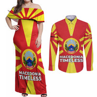 Macedonia Couples Matching Off Shoulder Maxi Dress and Long Sleeve Button Shirt with National Emblem and Sunburst Flag Design - Wonder Print Shop