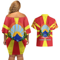 Macedonia Couples Matching Off Shoulder Short Dress and Hawaiian Shirt with National Emblem and Sunburst Flag Design - Wonder Print Shop