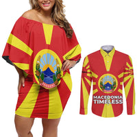 Macedonia Couples Matching Off Shoulder Short Dress and Long Sleeve Button Shirt with National Emblem and Sunburst Flag Design - Wonder Print Shop