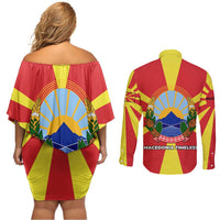 Macedonia Couples Matching Off Shoulder Short Dress and Long Sleeve Button Shirt with National Emblem and Sunburst Flag Design - Wonder Print Shop