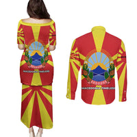 Macedonia Couples Matching Puletasi and Long Sleeve Button Shirt with National Emblem and Sunburst Flag Design - Wonder Print Shop