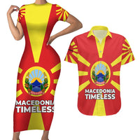 Macedonia Couples Matching Short Sleeve Bodycon Dress and Hawaiian Shirt with National Emblem and Sunburst Flag Design - Wonder Print Shop