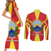 Macedonia Couples Matching Short Sleeve Bodycon Dress and Long Sleeve Button Shirt with National Emblem and Sunburst Flag Design - Wonder Print Shop