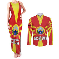 Macedonia Couples Matching Tank Maxi Dress and Long Sleeve Button Shirt with National Emblem and Sunburst Flag Design - Wonder Print Shop
