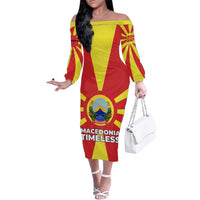 Macedonia Family Matching Off The Shoulder Long Sleeve Dress and Hawaiian Shirt with National Emblem and Sunburst Flag Design - Wonder Print Shop