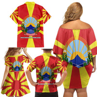 Macedonia Family Matching Off Shoulder Short Dress and Hawaiian Shirt with National Emblem and Sunburst Flag Design - Wonder Print Shop