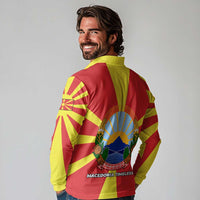Macedonia Long Sleeve Polo Shirt with National Emblem and Sunburst Flag Design - Wonder Print Shop