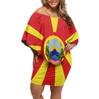 Macedonia Off Shoulder Short Dress with National Emblem and Sunburst Flag Design - Wonder Print Shop