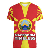 Macedonia Women V-Neck T-Shirt with National Emblem and Sunburst Flag Design - Wonder Print Shop