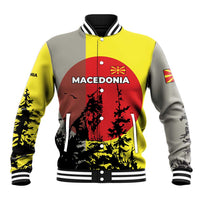 Macedonia Baseball Jacket with Howling Wolf and Sunset Forest Design - Wonder Print Shop