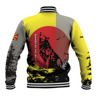 Macedonia Baseball Jacket with Howling Wolf and Sunset Forest Design - Wonder Print Shop