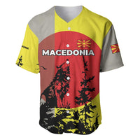 Macedonia Baseball Jersey with Howling Wolf and Sunset Forest Design - Wonder Print Shop