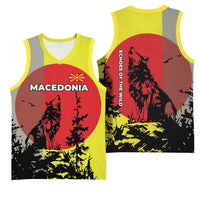 Macedonia Basketball Jersey with Howling Wolf and Sunset Forest Design - Wonder Print Shop