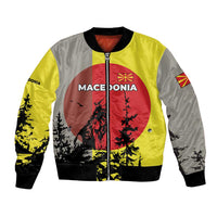 Macedonia Bomber Jacket with Howling Wolf and Sunset Forest Design - Wonder Print Shop
