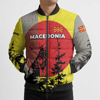 Macedonia Bomber Puffer Jacket with Howling Wolf and Sunset Forest Design - Wonder Print Shop