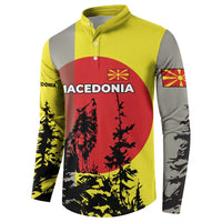 Macedonia Button Sweatshirt with Howling Wolf and Sunset Forest Design - Wonder Print Shop