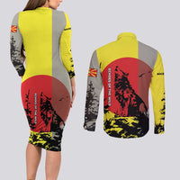 Macedonia Couples Matching Long Sleeve Bodycon Dress and Long Sleeve Button Shirt with Howling Wolf and Sunset Forest Design - Wonder Print Shop