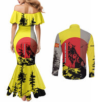 Macedonia Couples Matching Mermaid Dress and Long Sleeve Button Shirt with Howling Wolf and Sunset Forest Design - Wonder Print Shop