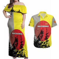 Macedonia Couples Matching Off Shoulder Maxi Dress and Hawaiian Shirt with Howling Wolf and Sunset Forest Design - Wonder Print Shop