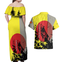 Macedonia Couples Matching Off Shoulder Maxi Dress and Hawaiian Shirt with Howling Wolf and Sunset Forest Design - Wonder Print Shop