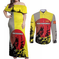 Macedonia Couples Matching Off Shoulder Maxi Dress and Long Sleeve Button Shirt with Howling Wolf and Sunset Forest Design - Wonder Print Shop