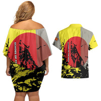 Macedonia Couples Matching Off Shoulder Short Dress and Hawaiian Shirt with Howling Wolf and Sunset Forest Design - Wonder Print Shop