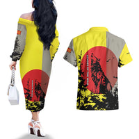 Macedonia Couples Matching Off The Shoulder Long Sleeve Dress and Hawaiian Shirt with Howling Wolf and Sunset Forest Design - Wonder Print Shop