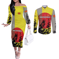 Macedonia Couples Matching Off The Shoulder Long Sleeve Dress and Long Sleeve Button Shirt with Howling Wolf and Sunset Forest Design - Wonder Print Shop