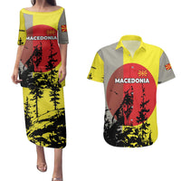 Macedonia Couples Matching Puletasi and Hawaiian Shirt with Howling Wolf and Sunset Forest Design - Wonder Print Shop