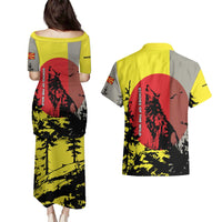 Macedonia Couples Matching Puletasi and Hawaiian Shirt with Howling Wolf and Sunset Forest Design - Wonder Print Shop