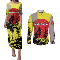 Macedonia Couples Matching Puletasi and Long Sleeve Button Shirt with Howling Wolf and Sunset Forest Design - Wonder Print Shop