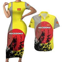 Macedonia Couples Matching Short Sleeve Bodycon Dress and Hawaiian Shirt with Howling Wolf and Sunset Forest Design - Wonder Print Shop