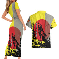 Macedonia Couples Matching Short Sleeve Bodycon Dress and Hawaiian Shirt with Howling Wolf and Sunset Forest Design - Wonder Print Shop