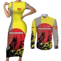 Macedonia Couples Matching Short Sleeve Bodycon Dress and Long Sleeve Button Shirt with Howling Wolf and Sunset Forest Design - Wonder Print Shop