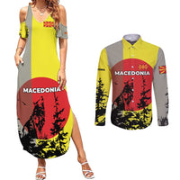 Macedonia Couples Matching Summer Maxi Dress and Long Sleeve Button Shirt with Howling Wolf and Sunset Forest Design - Wonder Print Shop