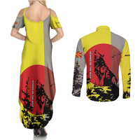 Macedonia Couples Matching Summer Maxi Dress and Long Sleeve Button Shirt with Howling Wolf and Sunset Forest Design - Wonder Print Shop