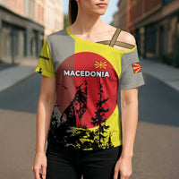 Macedonia Cross Shoulder Shirt with Howling Wolf and Sunset Forest Design - Wonder Print Shop