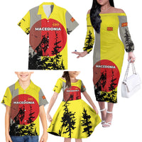Macedonia Family Matching Off The Shoulder Long Sleeve Dress and Hawaiian Shirt with Howling Wolf and Sunset Forest Design - Wonder Print Shop