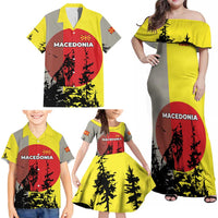 Macedonia Family Matching Off Shoulder Maxi Dress and Hawaiian Shirt with Howling Wolf and Sunset Forest Design - Wonder Print Shop