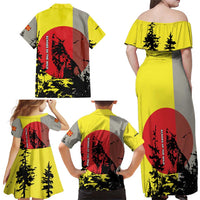 Macedonia Family Matching Off Shoulder Maxi Dress and Hawaiian Shirt with Howling Wolf and Sunset Forest Design - Wonder Print Shop