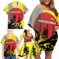 Macedonia Family Matching Off Shoulder Short Dress and Hawaiian Shirt with Howling Wolf and Sunset Forest Design - Wonder Print Shop