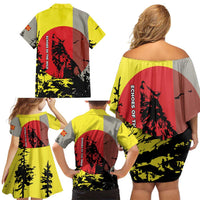 Macedonia Family Matching Off Shoulder Short Dress and Hawaiian Shirt with Howling Wolf and Sunset Forest Design - Wonder Print Shop