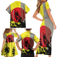 Macedonia Family Matching Short Sleeve Bodycon Dress and Hawaiian Shirt with Howling Wolf and Sunset Forest Design - Wonder Print Shop