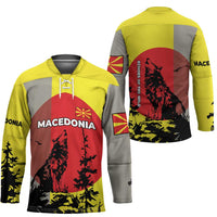 Macedonia Hockey Jersey with Howling Wolf and Sunset Forest Design - Wonder Print Shop